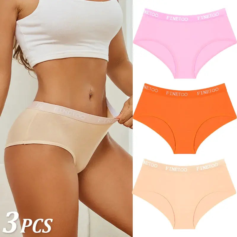 3-piece set of women's cotton briefs with FINETOO waistband in nude, pink, orange, and peach