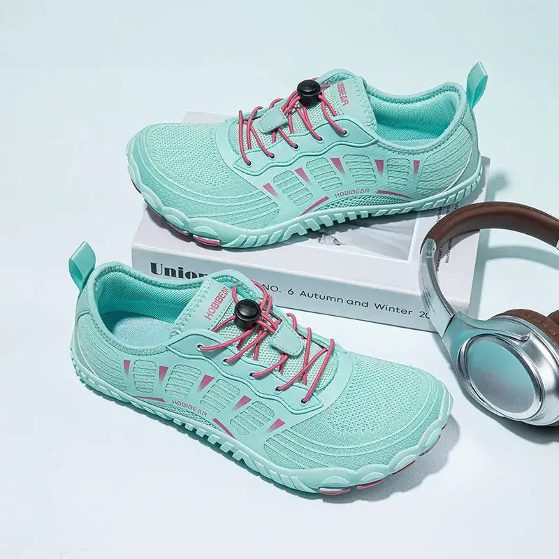HOBIBEAR barefoot shoes, mint turquoise breathable mesh sneakers with pink laces, pair