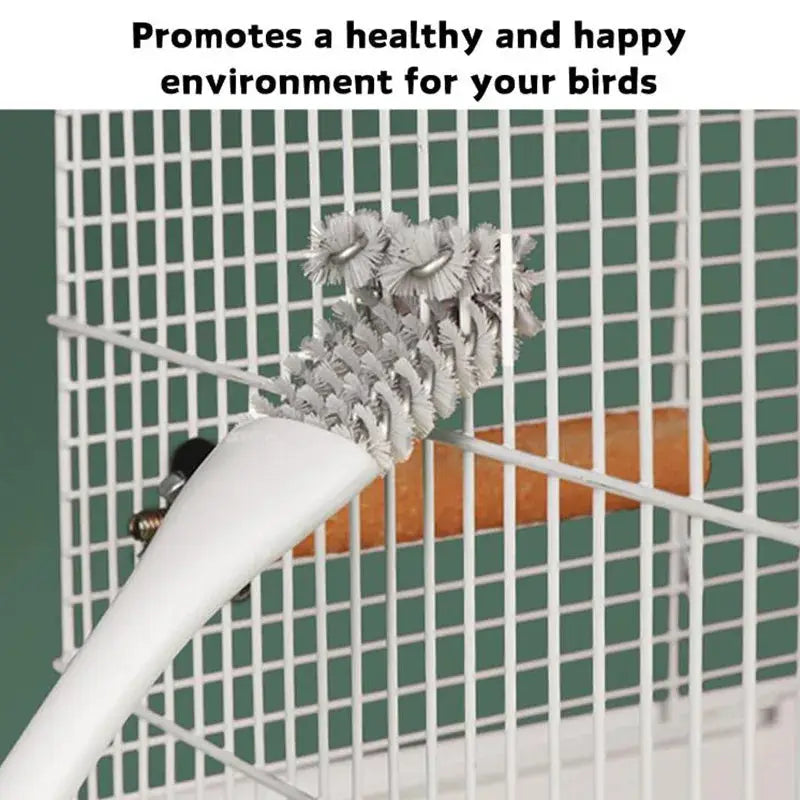 Bird cage cleaning brush tool with white handle and metal-bristle head for budgie and cockatiel cages