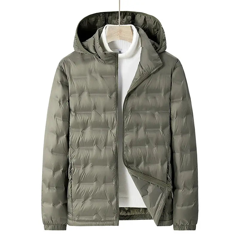 Men's olive green hooded down puffer jacket by Simples Market