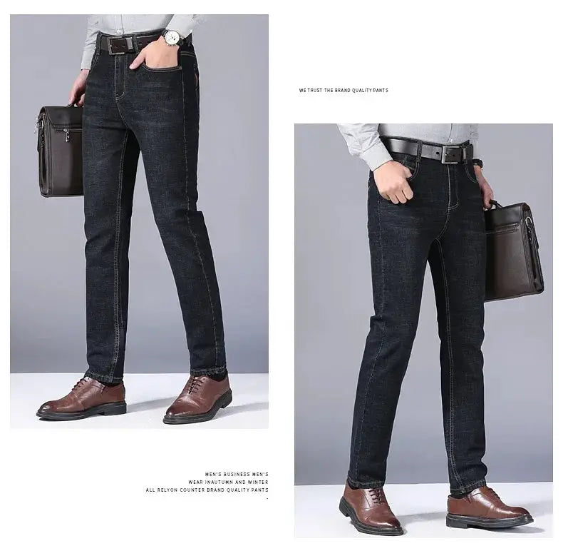 Men's straight denim jeans by Simples Market, dark indigo stretch slim fit business trousers.