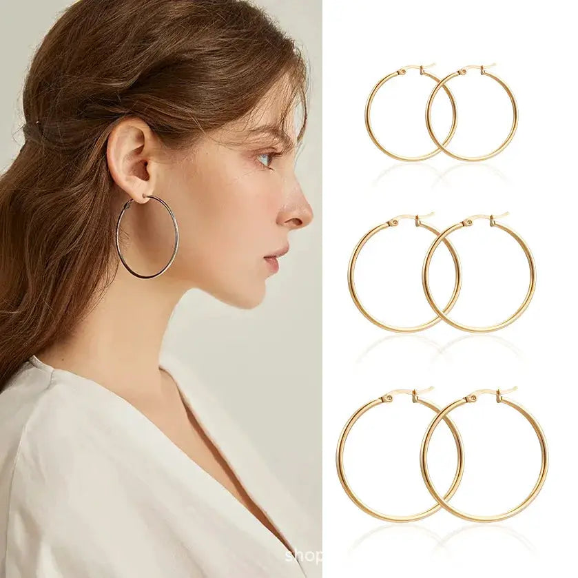 Gold-tone stainless steel hoop earrings set of 3 sizes for women and men