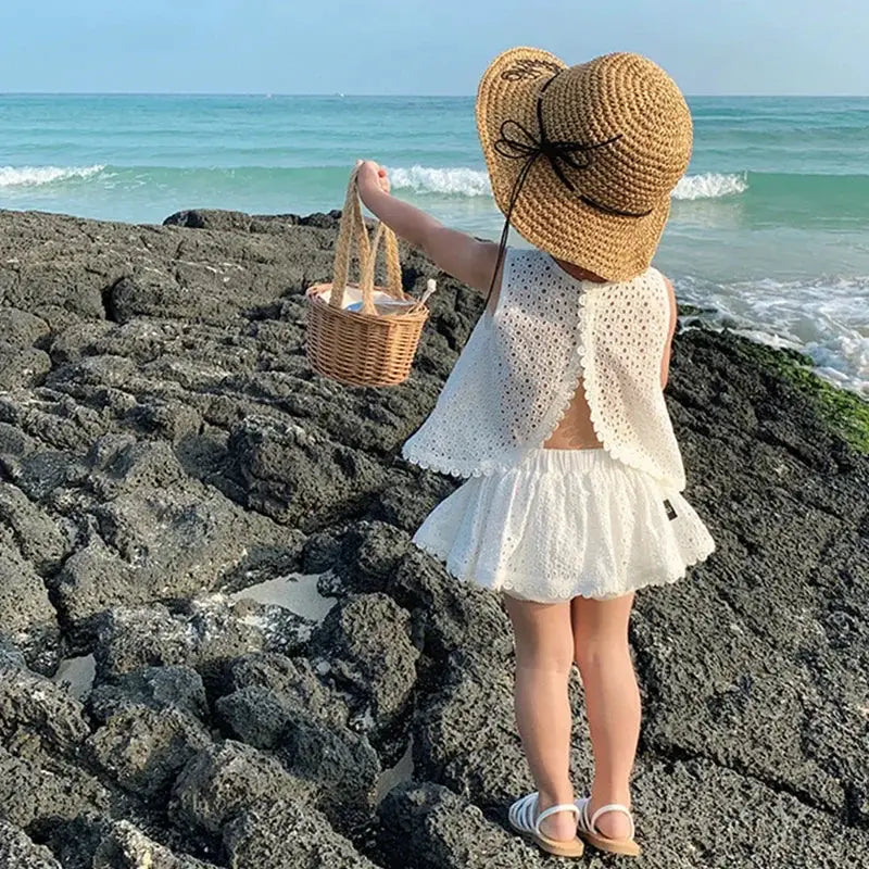 LunaGlow Girls Hollow Lace Summer Set Breathable Sleeveless Tee And Shorts For Comfort Ages 7 To 13