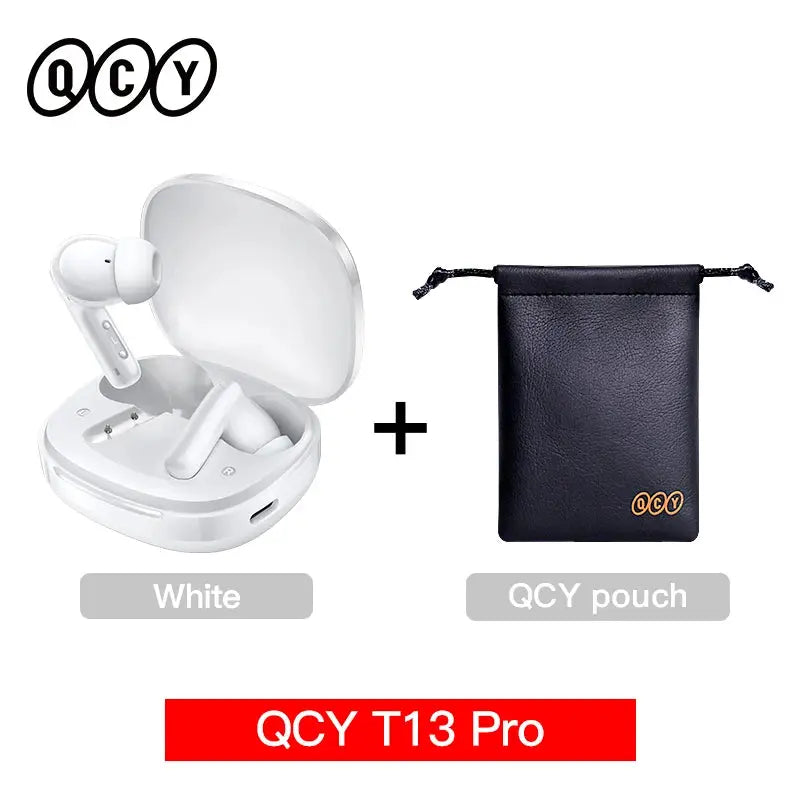 QCY T13 Pro wireless earbuds with white charging case and black pouch