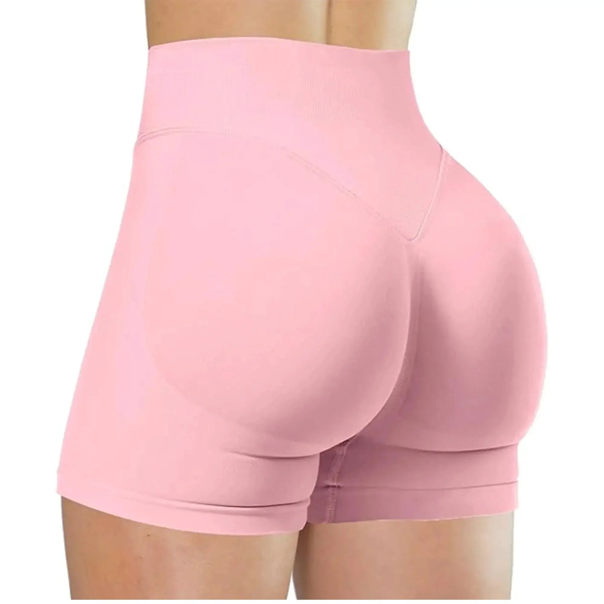 Pink seamless high-waist gym shorts for women, snug fit for yoga, running and cycling