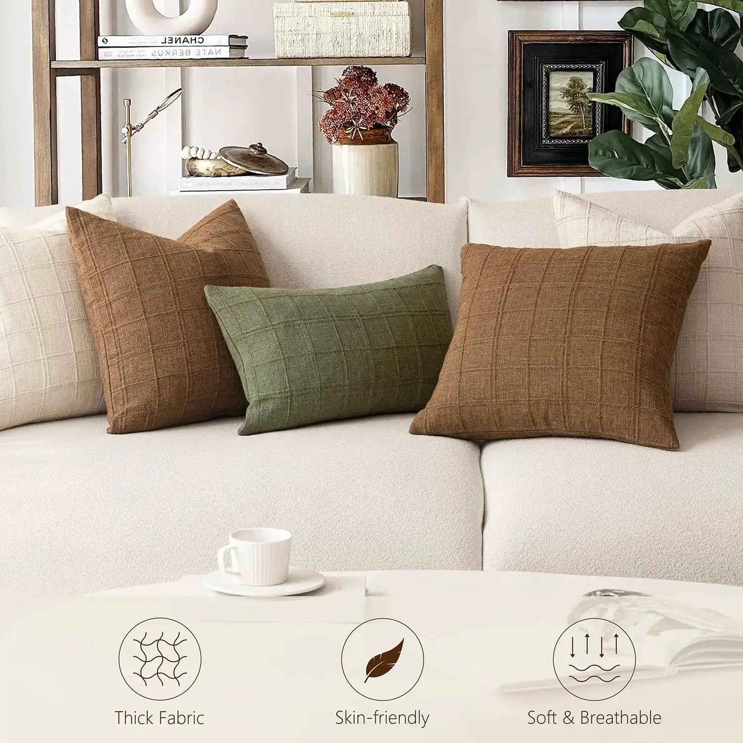 Green square cushion cover set of 3 in boho linen 40x40cm by Simples Market on beige sofa