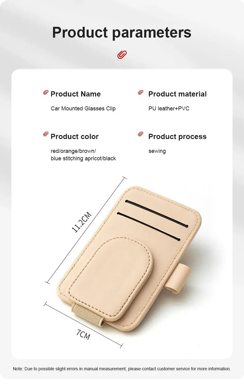Beige PU leather car visor sunglasses holder with magnetic clip, card slots, and front pocket.