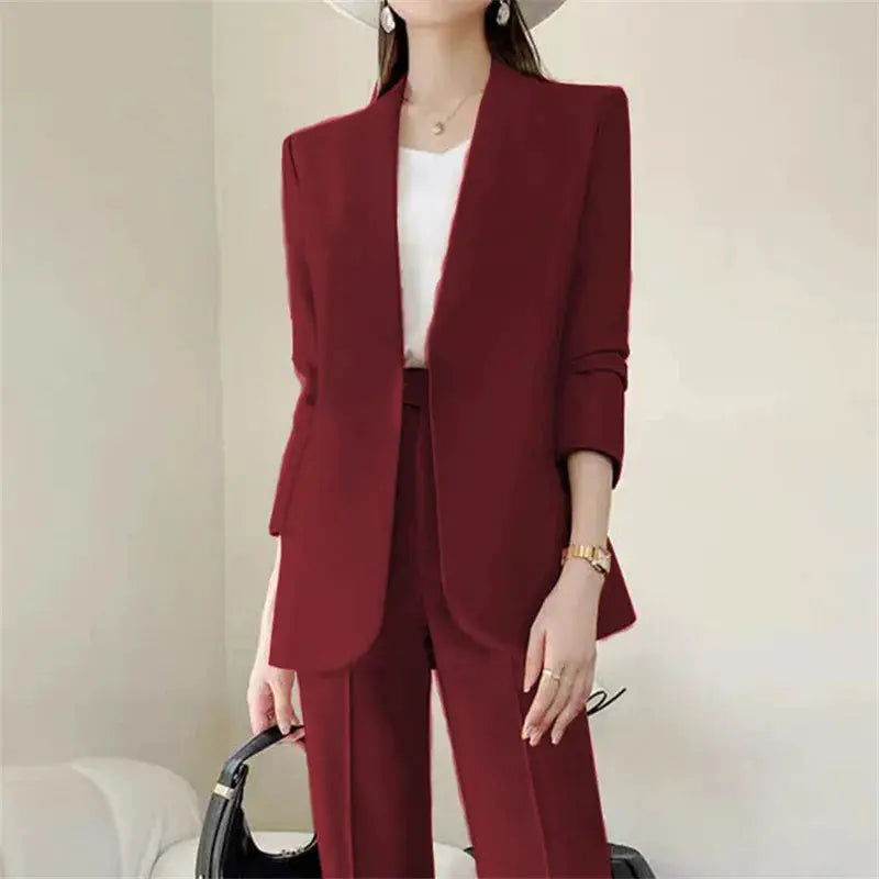 Women’s burgundy 2-piece suit set with blazer and trousers, white top