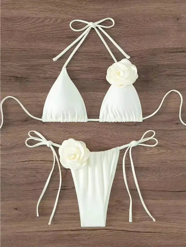 Sexy 3D Flowers Halter Strappy Bikini Women Swimwear Two Piece Swimsuit Set Size S To L For Beach Bathing