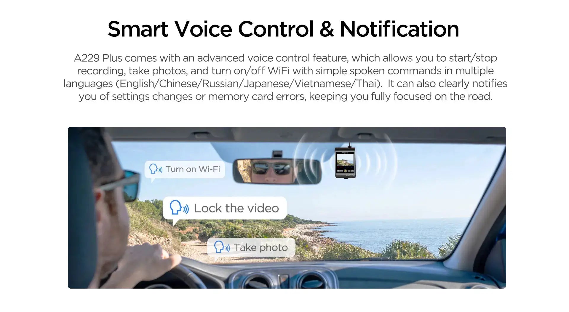 VIOFO A229 Plus dash cam mounted on car windshield showing 2K HDR video, 5GHz Wi‑Fi and voice control