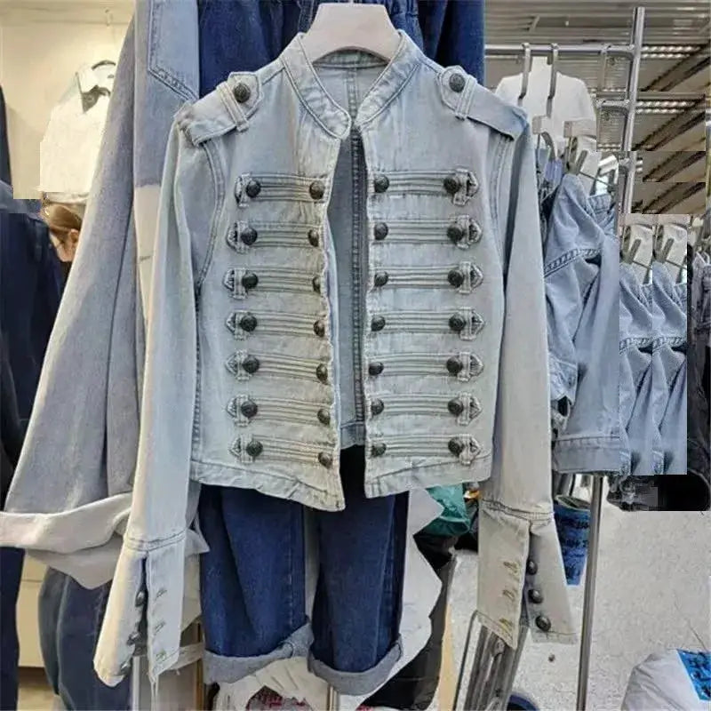 Women's Streetwear Casual Loose Denim Jacket Stand Collar Long Sleeve Button Split Short For Spring And Autumn