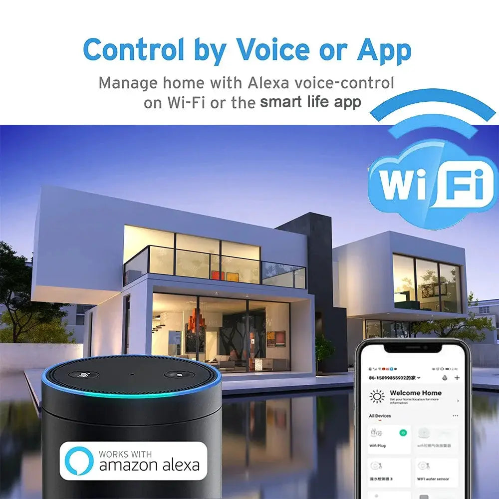 Tuya WiFi siren alarm with temperature and humidity sensor; black device with blue LED ring, Alexa compatible