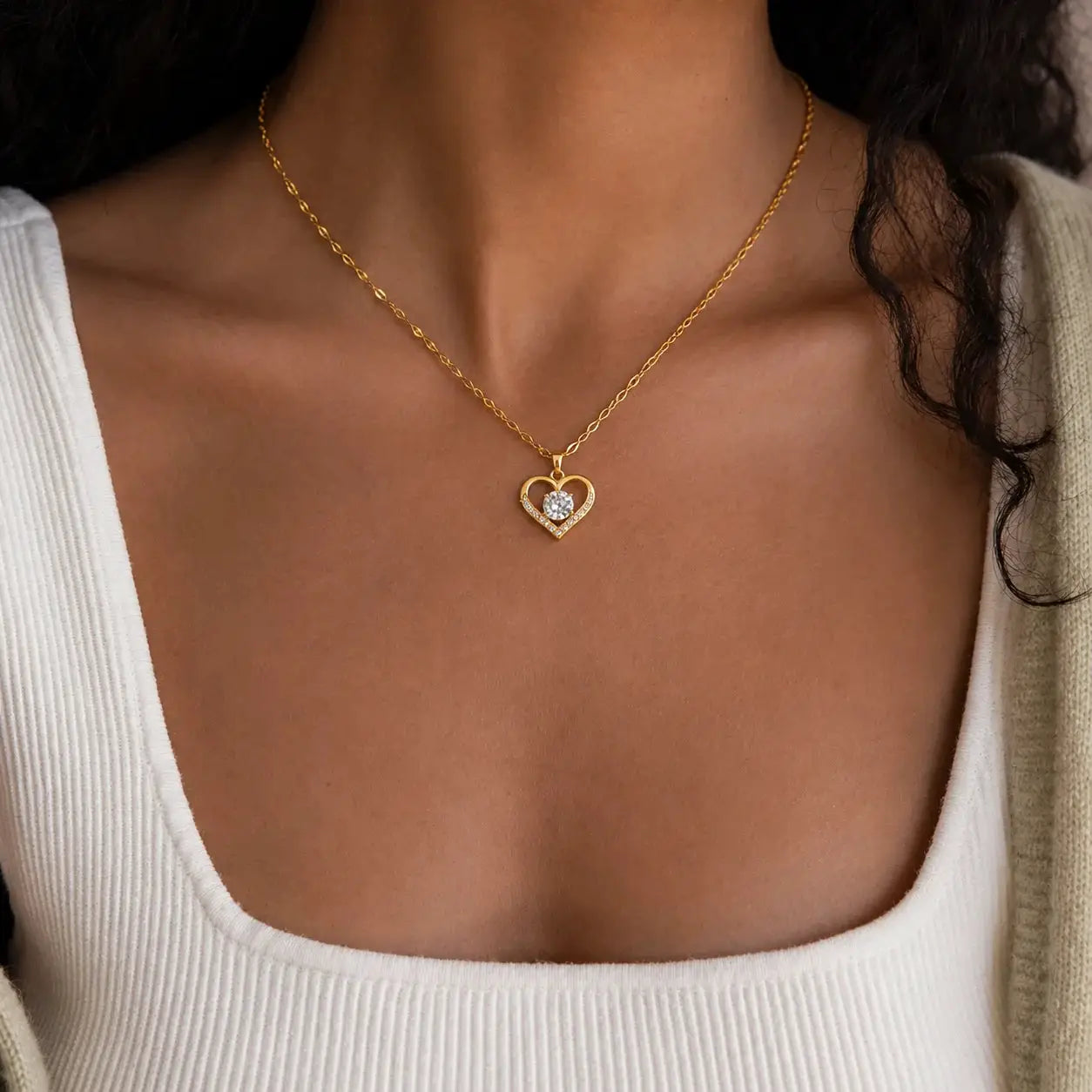 Women's Gold Tone Stainless Steel Heart Necklace With Sparkling Zirconia Pendant Jewelry Gift