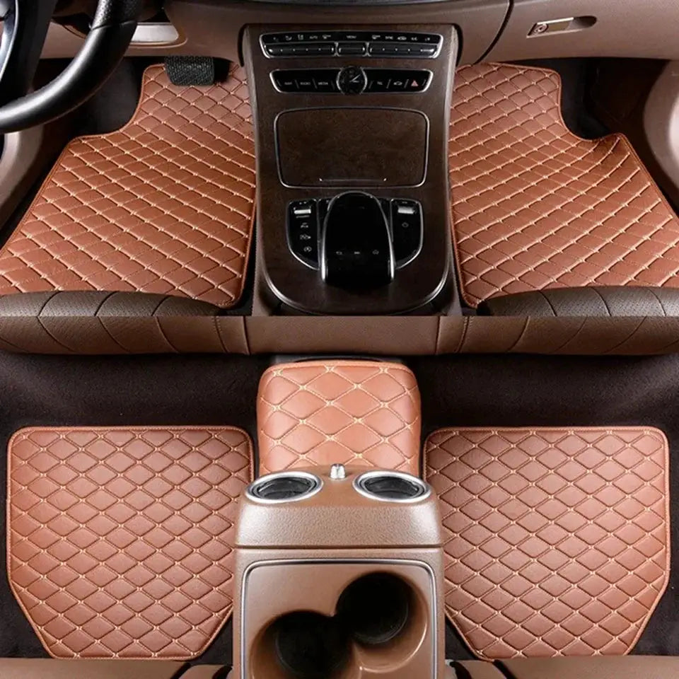 Car floor mats 5pcs universal set, brown quilted PU leather, waterproof interior protection