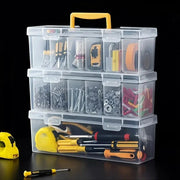 7-piece portable clear plastic tool storage box set with 6 removable bins and a yellow handle