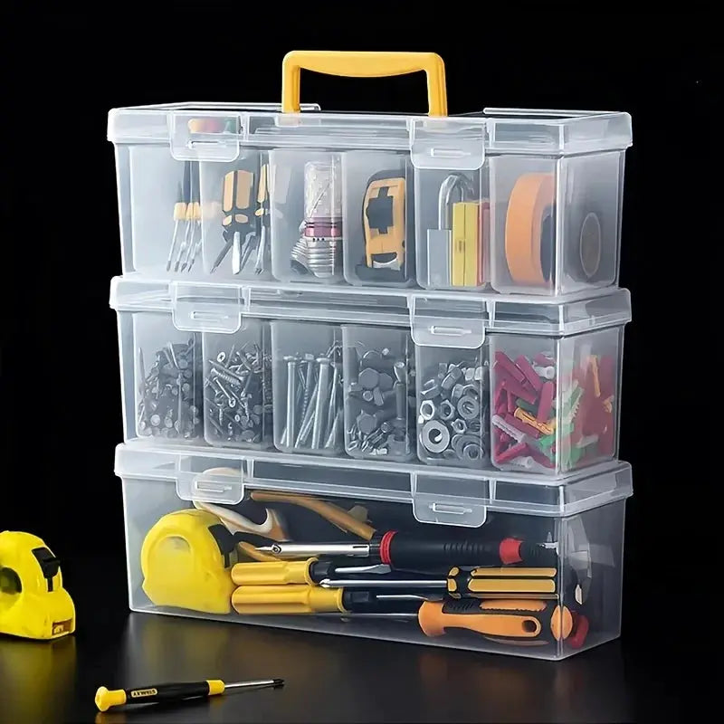 7-piece portable clear plastic tool storage box set with 6 removable bins and a yellow handle