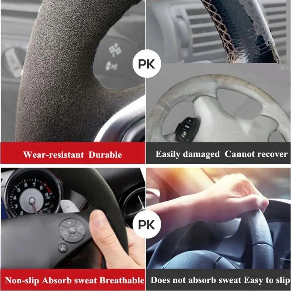 Car steering wheel braid cover in suede by Simples Market for Seat Leon 5F Mk3, Ibiza, Tarraco, Arona, Ateca, Alhambra