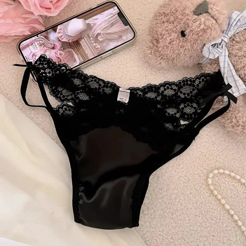 Black lace mesh low-waist panty with satin panel and side bow accents