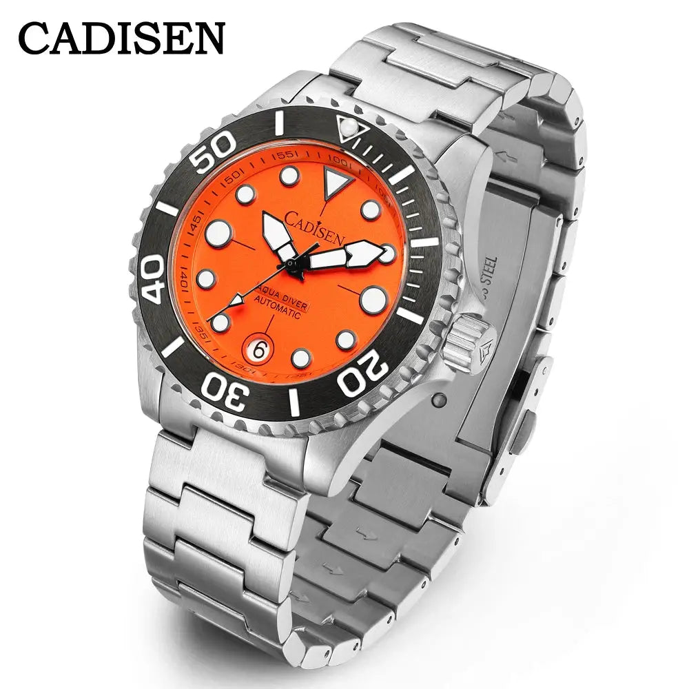 Cadisen Aqua Diver automatic watch with orange dial, 100M water resistance, black bezel, stainless steel bracelet