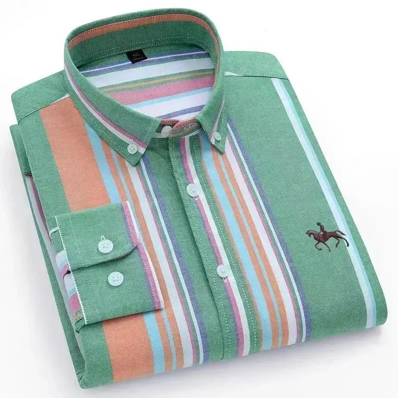Green striped oxford shirt for men with multicolor stripes, long sleeves, button-down collar, and horse embroidery.