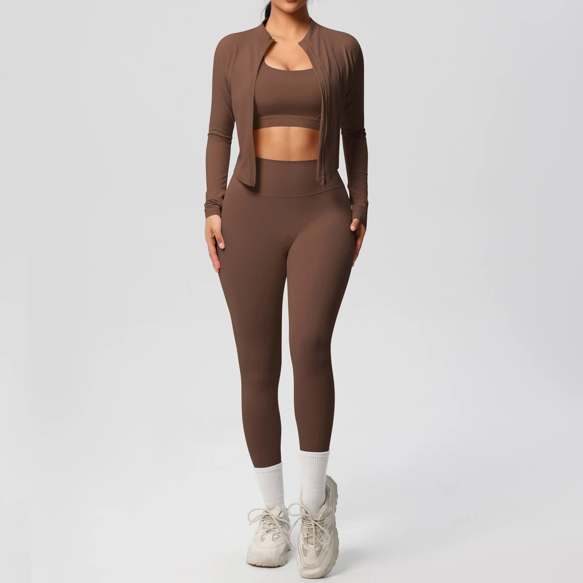 3 Piece Yoga Set for Women Sports Bra Zipper Jacket Leggings Gym Wear