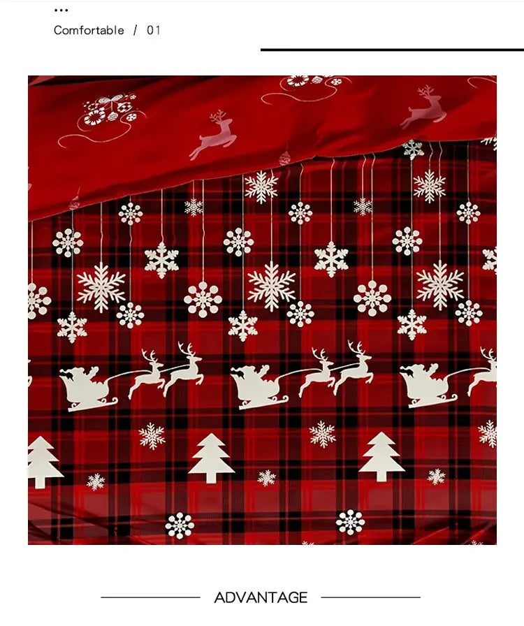 3-Piece Christmas-Themed Duvet Cover Set by Simples Market in red plaid with white snowflakes, reindeer, and trees