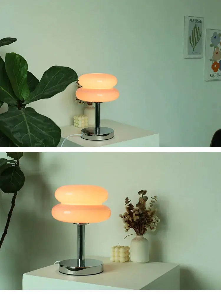 Simples Market macaron glass table lamp with two pink glass discs on a chrome base, dimmable ambient night light.