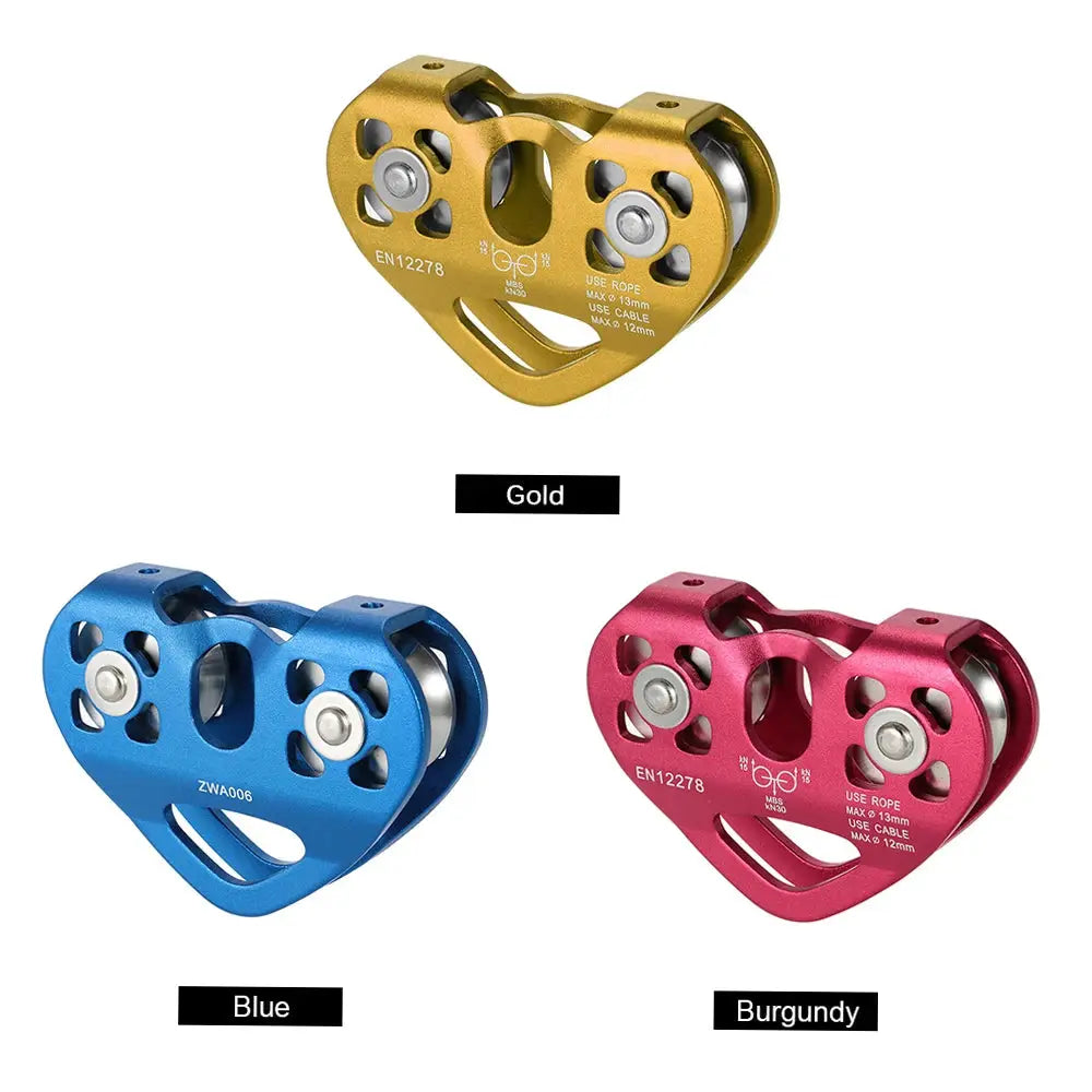 Lixada 30kN cable trolley pulley with ball bearings for climbing and rescue; three color variants: gold, blue, burgundy.