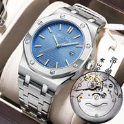 Men's stainless steel Simples Market watch with blue textured dial, date window, metal bracelet
