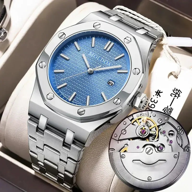 Men's stainless steel Simples Market watch with blue textured dial, date window, metal bracelet