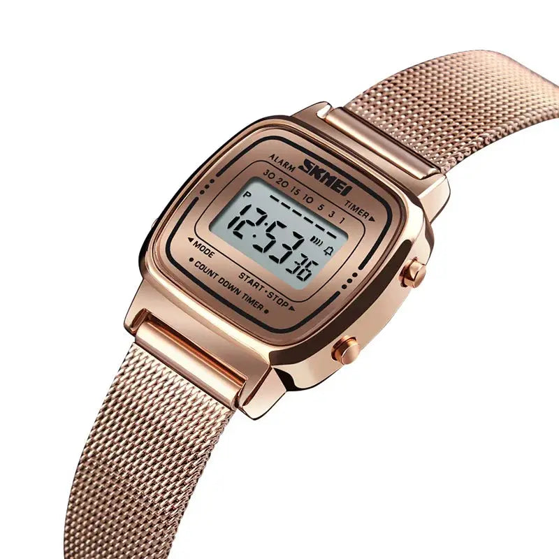Skmei Women Digital Chronograph Wristwatch Stainless Steel Strap 30M Water Resistant Fashion Timepiece