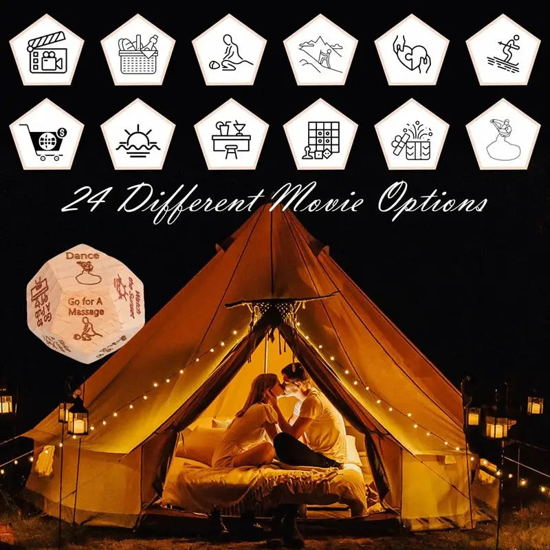 Dice for Her Him couples gift by Simples Market; 24 movie options, round die and icon faces over an orange camping tent.