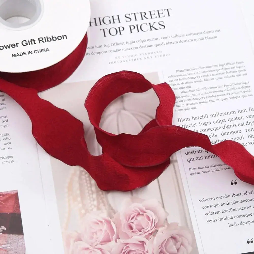 10 Yards Fishtail Chiffon Ribbon With Wave Edge Pleated Embossed Floral Pattern for Gift Wrapping Bouquets DIY Decor