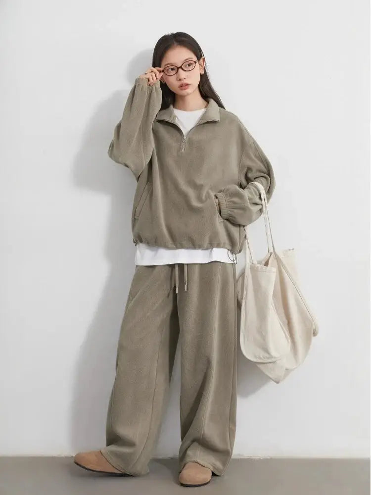 CHIC VEN Women's Velvet Sweatsuit Set Stand Collar Top Wide Leg Pants