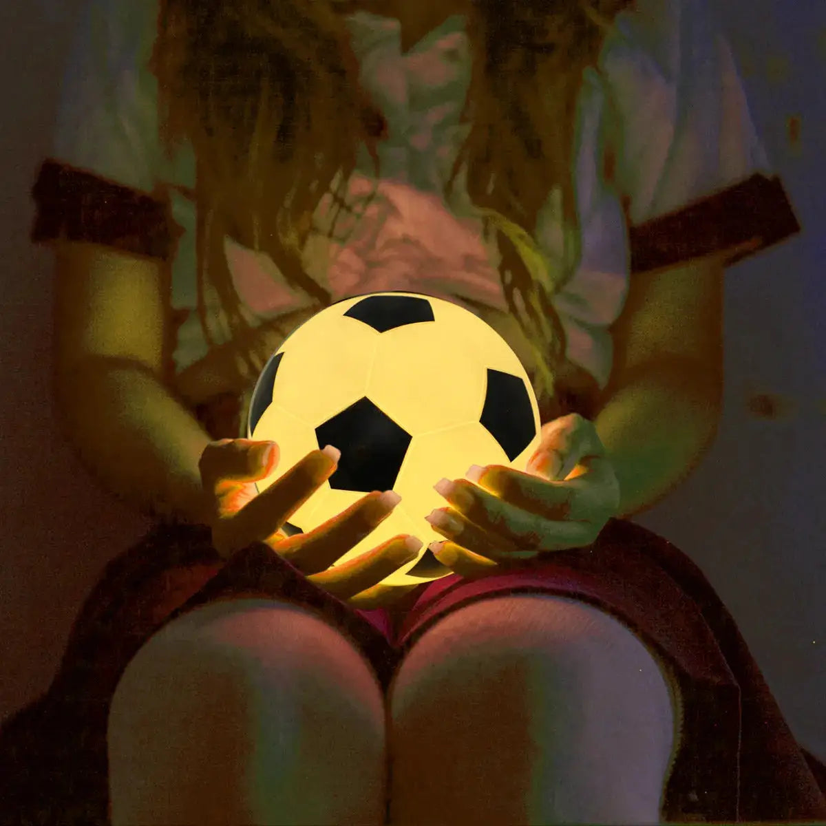3D football night light for desk, soccer-ball lamp with warm yellow glow, battery powered