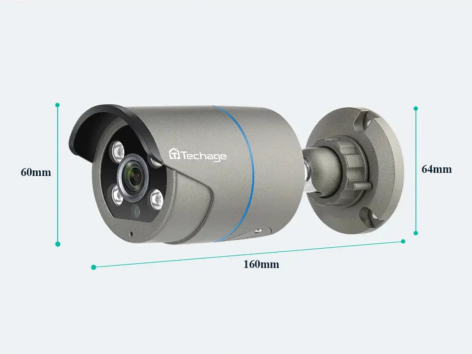 Techage outdoor metal security camera with gray housing and blue ring, wall-mounted.