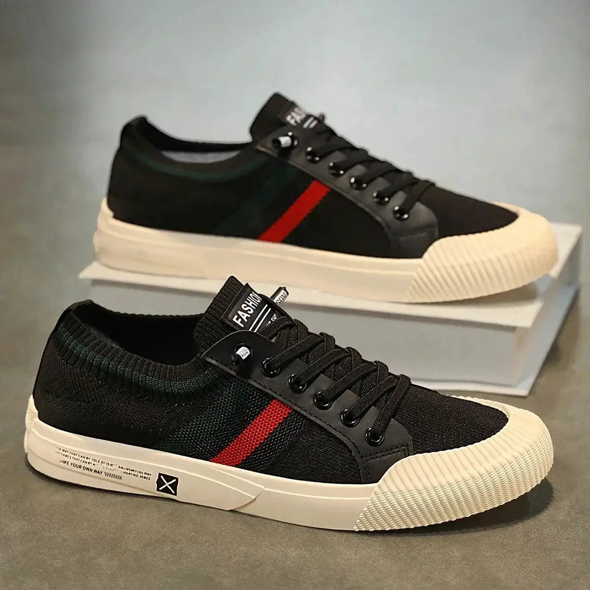 Simples Market 2025 men's casual driving sneakers, black knit with red stripe, white sole, two shoes on display
