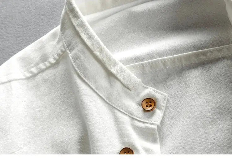 Men's white linen-cotton shirt with stand collar and brown buttons