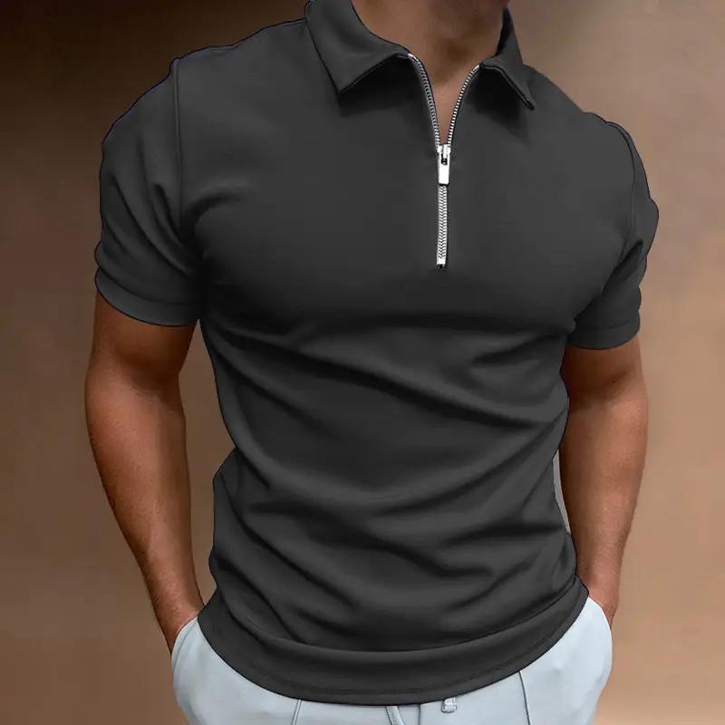 Men's dark gray polo shirt by Simples Market with short sleeves and zippered turn-down collar.
