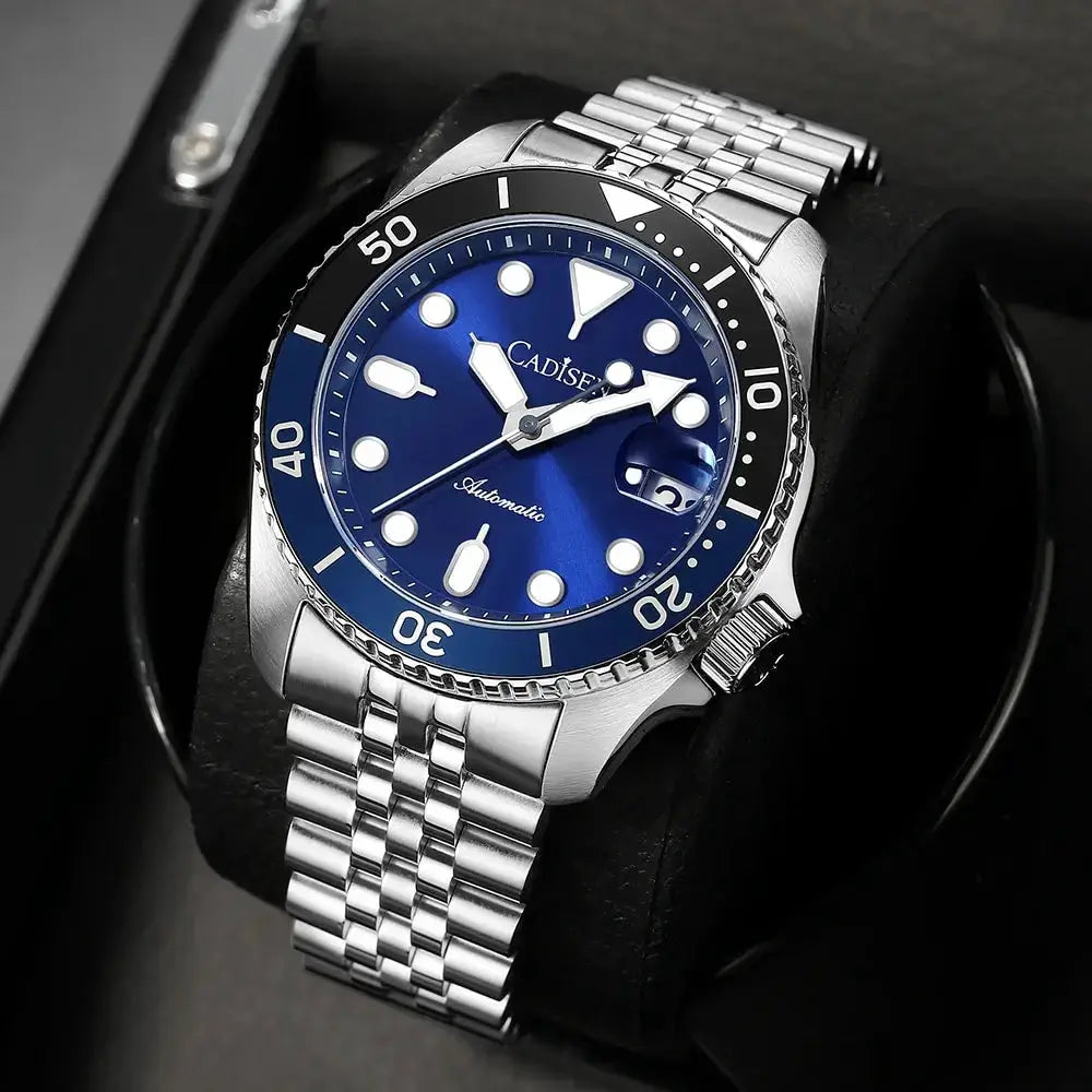 CADISEN men's luminous automatic wristwatch with blue dial, ceramic bezel, sapphire glass, stainless steel bracelet