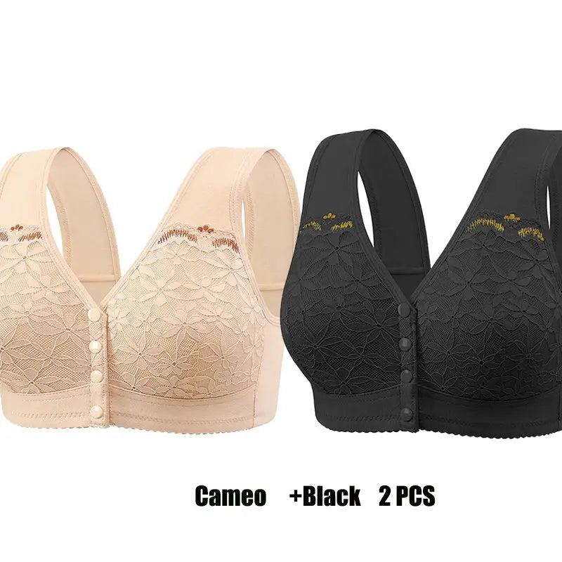 Two-piece soft cotton lace bras with front-closure in cameo beige and black