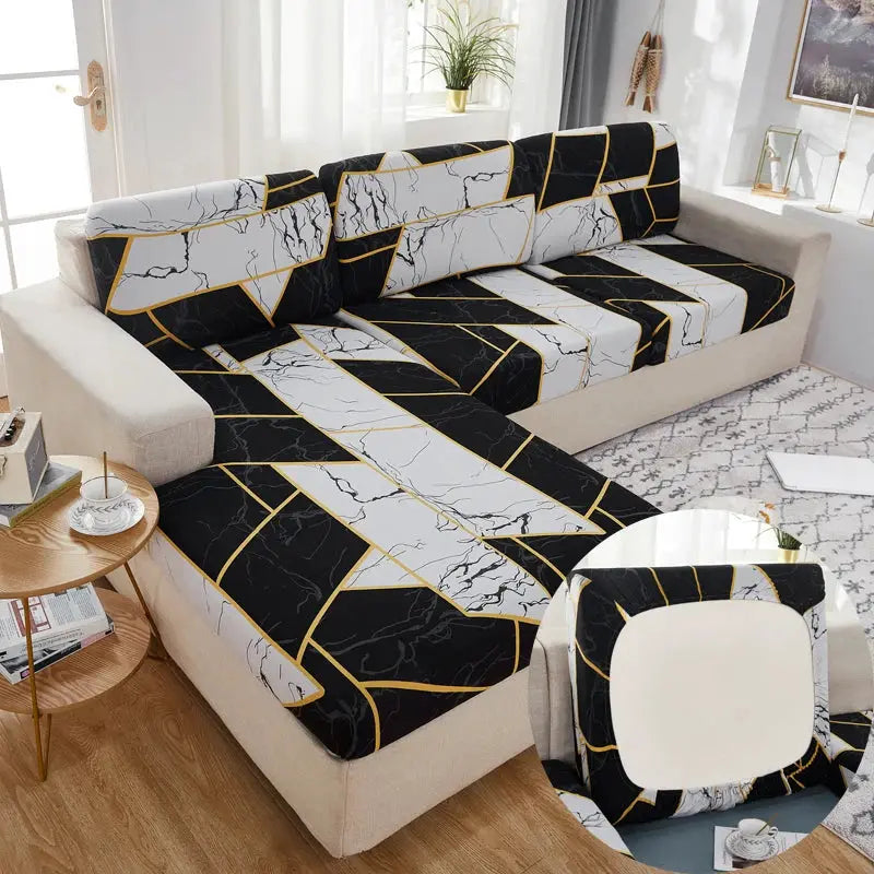 Simples Market stretch couch cushion slipcovers anti-slip for sofa cushions in black marble pattern.