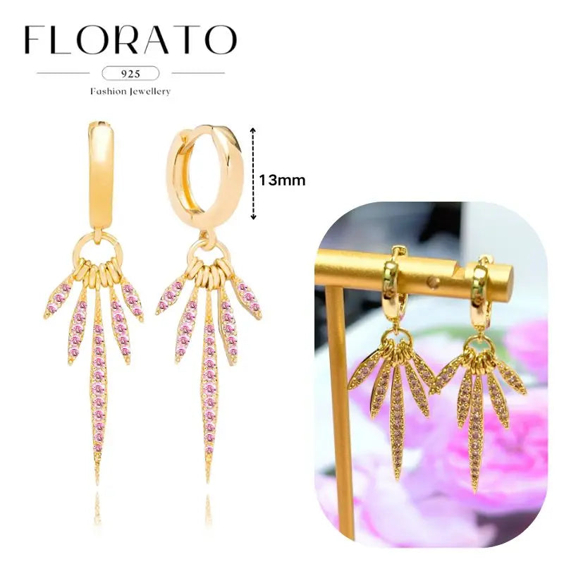 Gold-tone hoop earrings with pink zircon petal drops, 13mm hoops, Florato 925 fashion jewelry