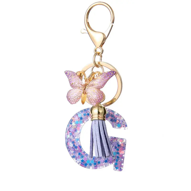 Sequin Letters Keychain For Women With Tassel Butterfly Pendant Initial Key Ring Purse Charm Car Key Chain Accessories
