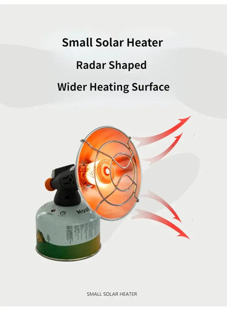 MountainHiker portable mini solar heater by Simples Market on a butane canister with radar-shaped reflector and wire guard