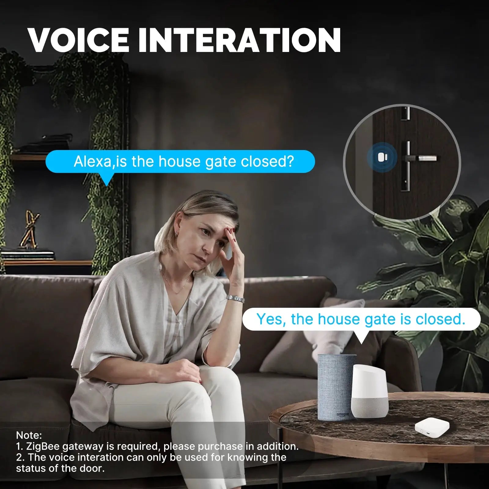 MOES ZigBee window/door sensor by Simples Market in a living room setup