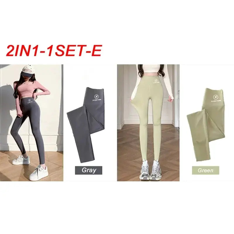Women’s 2-in-1 high-waisted yoga tights set in gray and green by Simples Market