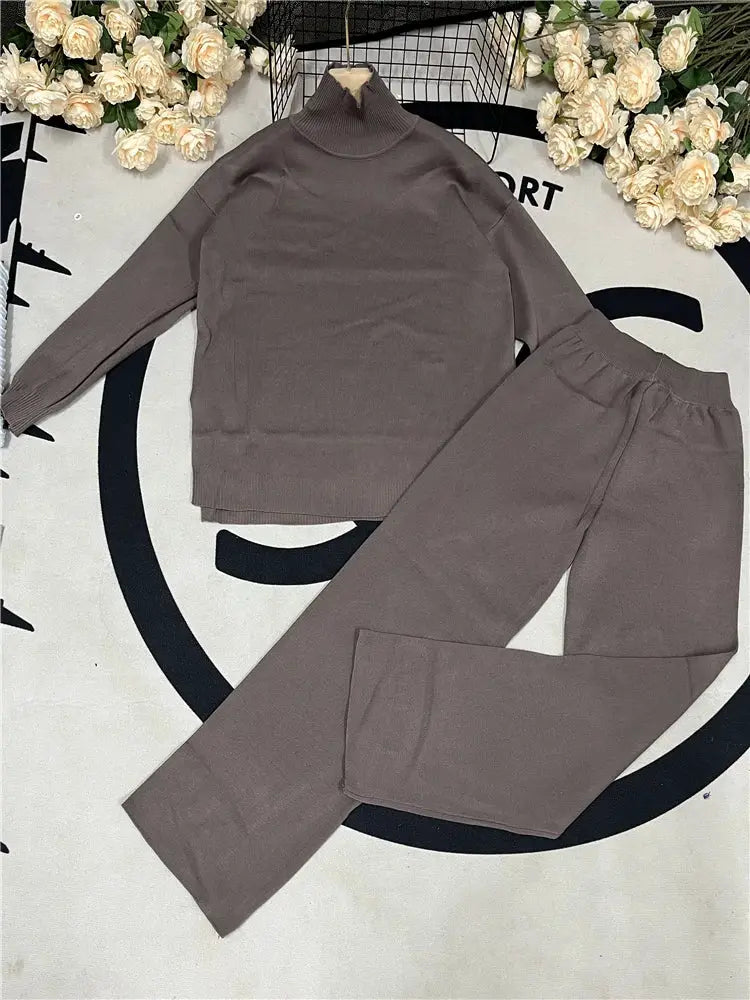 CozyNest Autumn Winter Two Piece Knitted Tracksuit Set With Turtleneck Sweater And Wide Leg Joggers For Women