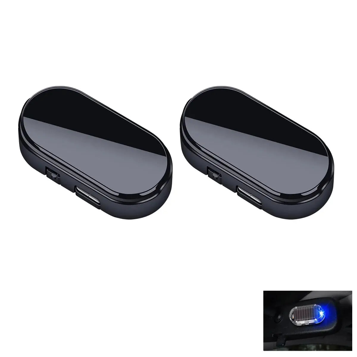 2-pack solar powered car security lights by Simples Market, black oval wireless warning lights with blue/red LEDs