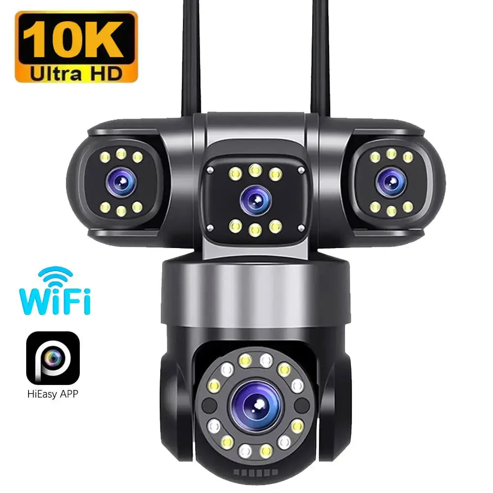 Home security outdoor WiFi camera system, 10K Ultra HD, black, 4-lens 360° PTZ